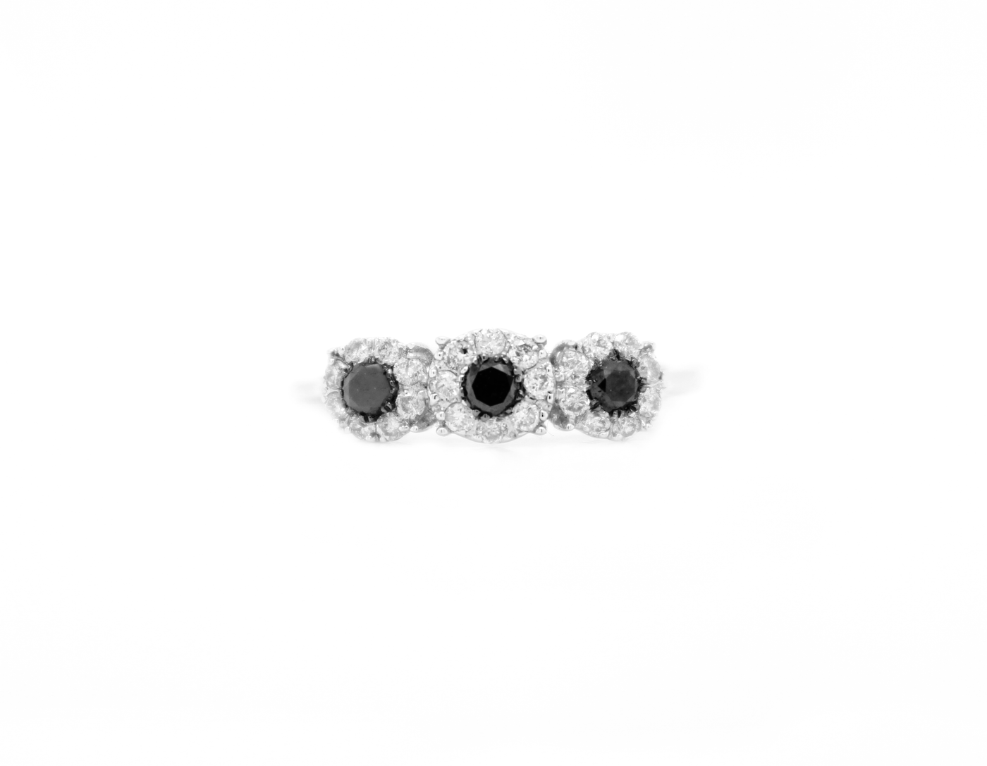 .75ct 3-Stone Black Diamond Halo Ring