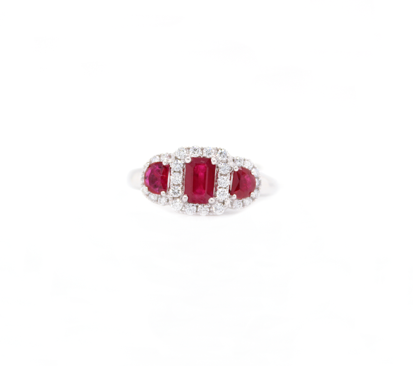 1.30ct 3-Stone Emerald Cut Ruby and Diamond Ring