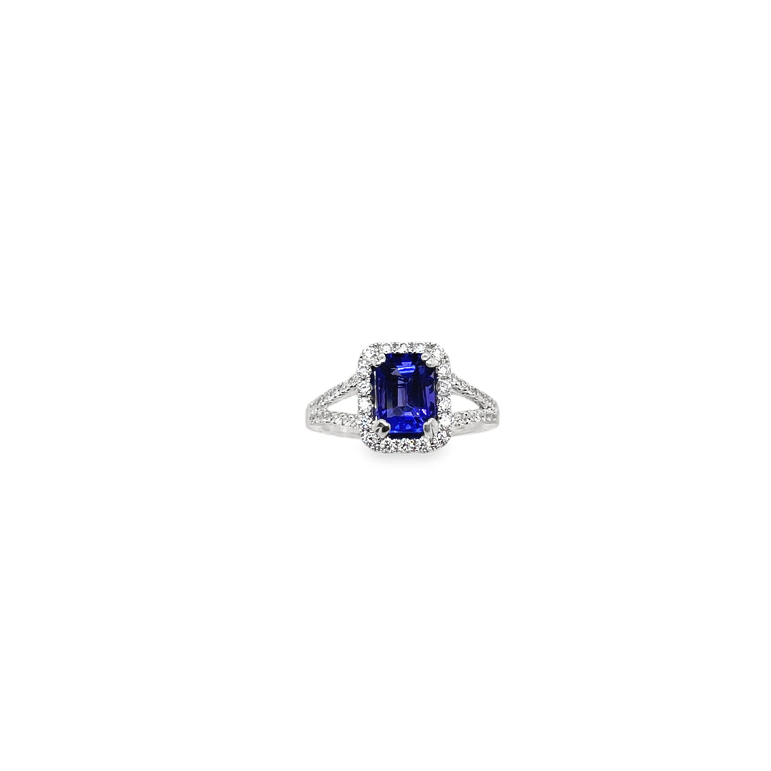 Emerald cut Tanzanite and Diamond Split shank Ring