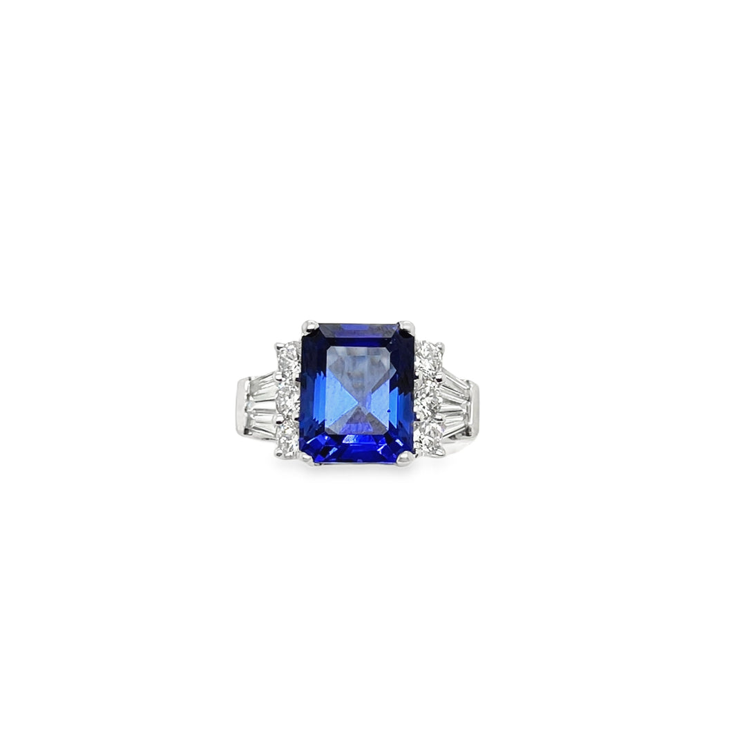 Emerald cut Tanzanite and Diamond Ring