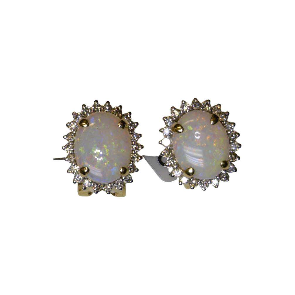 Pair of oval opal and diamond earrings with smooth domed centers and scalloped halos.