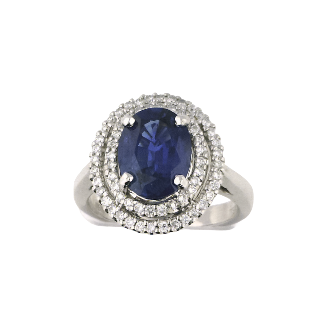 Oval Blue Sapphire and Double Halo Diamond Pavé Engagement Ring - SKU 20299