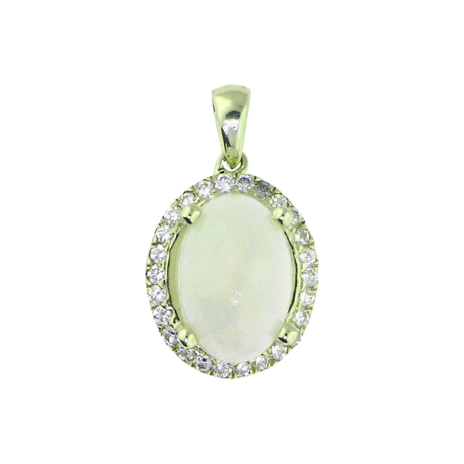 Oval pendant with a pale opal cabochon center, diamond halo and tapered polished bail.