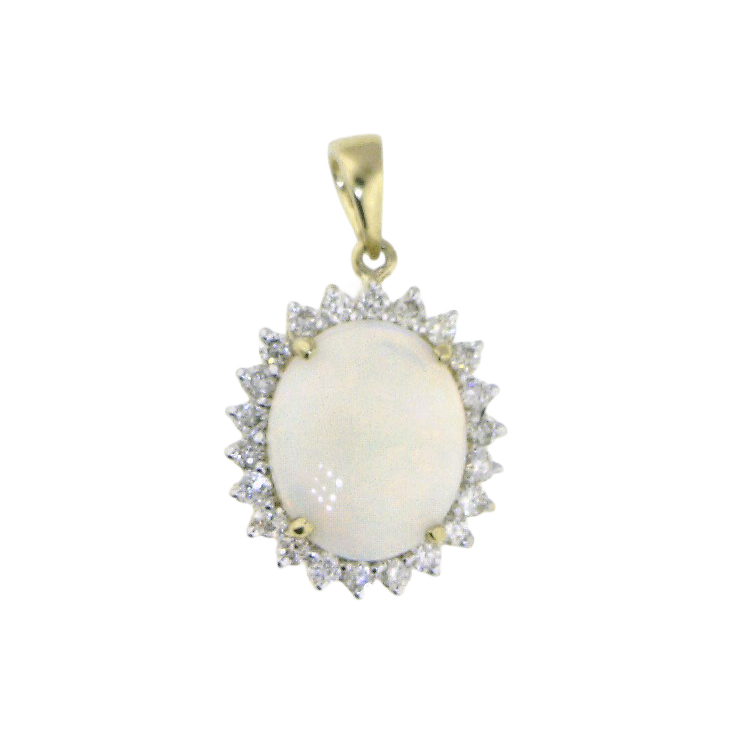 Oval opal pendant with a scalloped diamond halo, yellow-toned prongs and a tapered bail.
