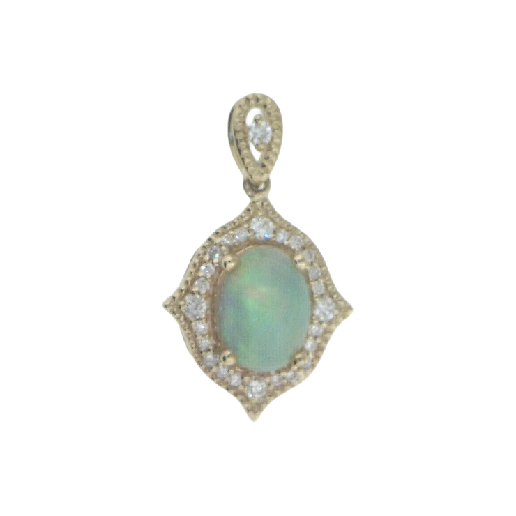 Oval opal pendant with a pale accent halo, pointed beaded border and elongated teardrop-shaped bail.