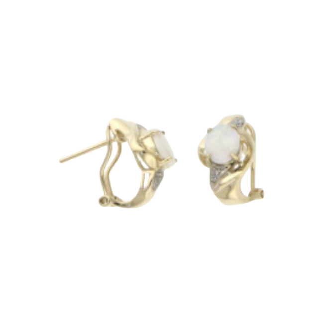Two yellow-metal earrings with pale oval centers and curved openwork settings.