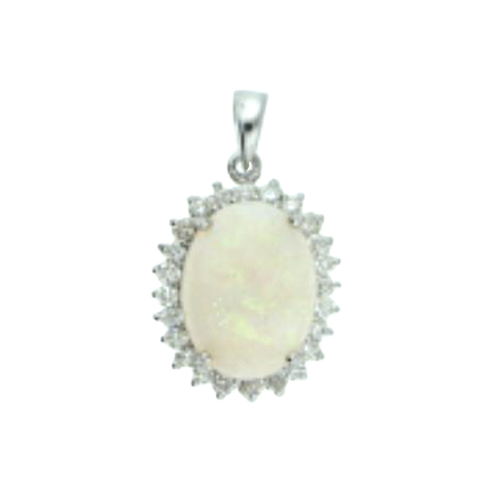 Oval opal cabochon pendant with a scalloped diamond halo and tapered bail.