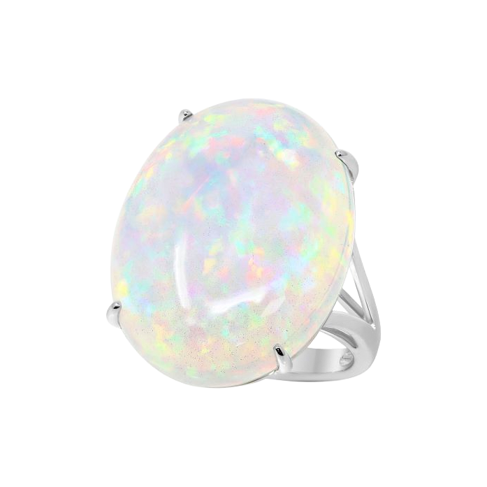 Oval opal cabochon ring with four prongs and open divided shoulders.