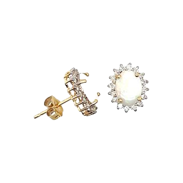 Pair of oval halo stud earrings, with the right earring facing forward and the left tilted sideways.