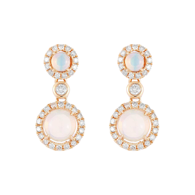 Pair of yellow-metal drop earrings with round and oval opal cabochons, clear accent halos and round bezel-set clear connectors.
