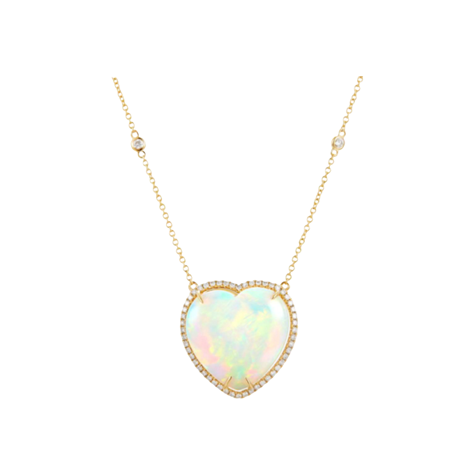 Heart-shaped opal necklace with a clear-stone halo and two visible round chain stations; both upper chain sections extend beyond the image.