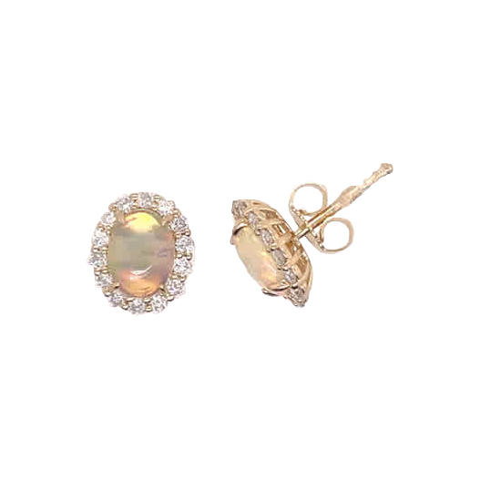 Pair of oval halo stud earrings, with the left earring facing forward and the right tilted to show its post and butterfly-style backing.
