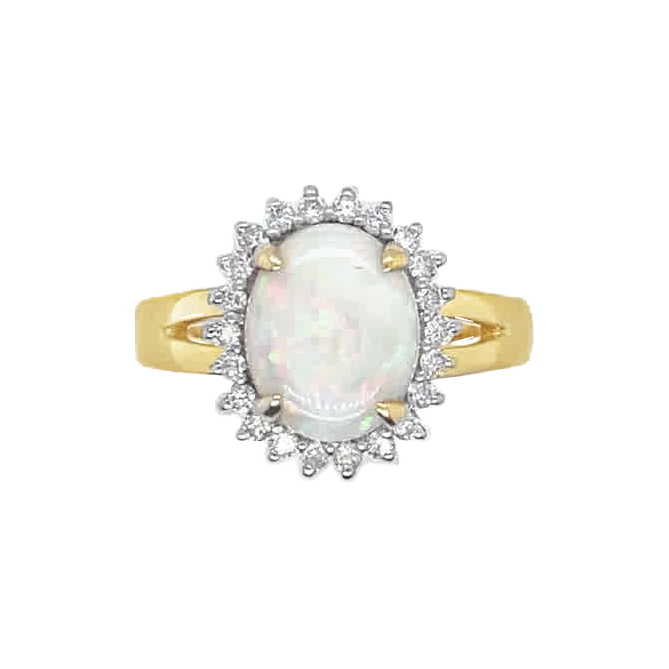 Oval opal cabochon ring with a scalloped diamond halo and open split shoulders in yellow gold.