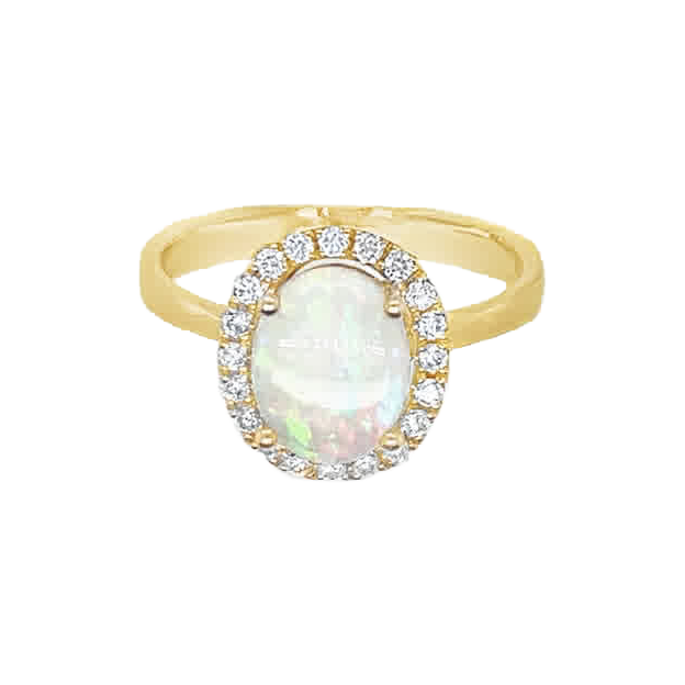 Oval opal cabochon ring with a diamond halo and plain yellow gold band.