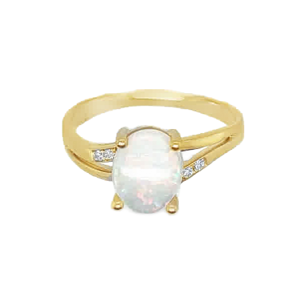 14K yellow gold ring with an oval opal cabochon, four visible prongs and diamond accents along curved split shoulders.