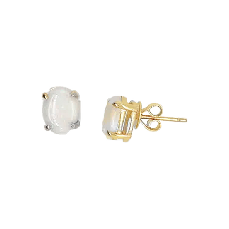Pair of oval opal stud earrings in 14K yellow gold, shown from the front and side.