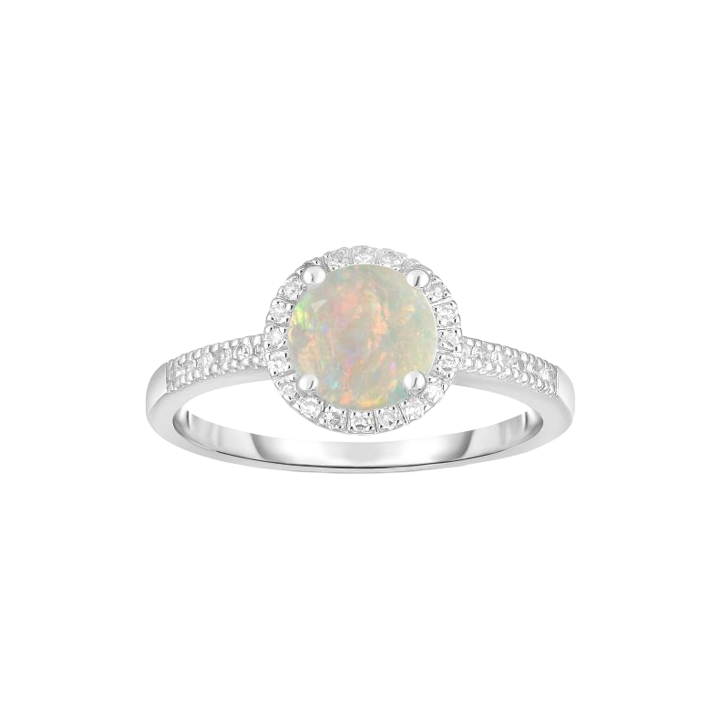 Opal and diamond ring with a rounded center, surrounding halo and accented shoulders.
