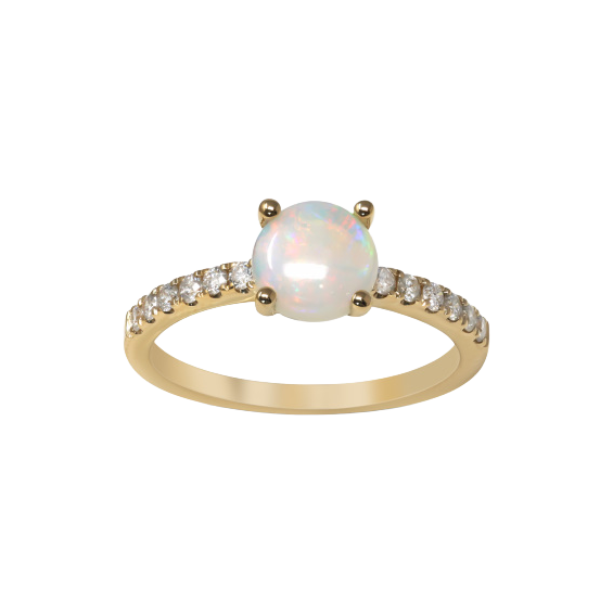 Oval opal cabochon ring with diamond accents along both shoulders in 14K yellow gold.