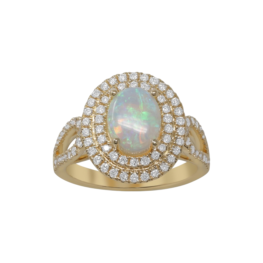 Oval opal cabochon ring in yellow gold with a double halo and open split shoulders.