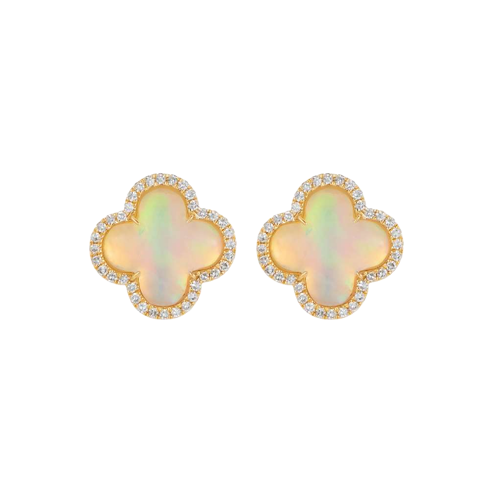 Pair of clover-shaped earrings with smooth centers and surrounding halos of round stones.
