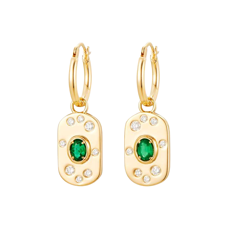 Two hoop earrings with rounded rectangular drops, oval green centers and round colorless accents.
