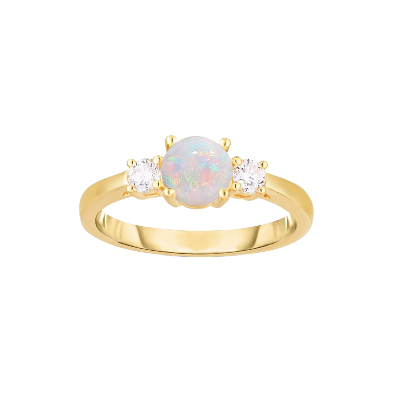 14K yellow gold ring with an oval cabochon opal and two round diamond side stones in prong settings.