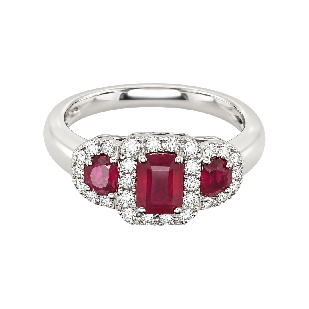 1.50ct Ruby and Diamond Three-Stone Halo Ring - SKU 48589