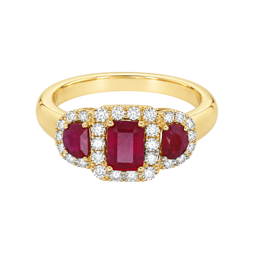 Ruby and Diamond Three-Stone Halo Ring - SKU 49304