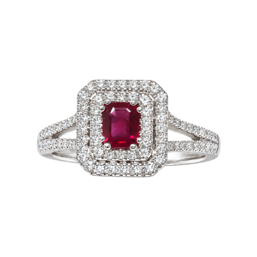 0.70ct Ruby and Diamond Rectangular Halo Ring - SKU 52038