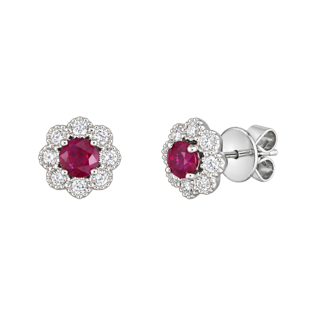 1.00ct Ruby and Diamond Flower Halo Stud Earrings - SKU 52617