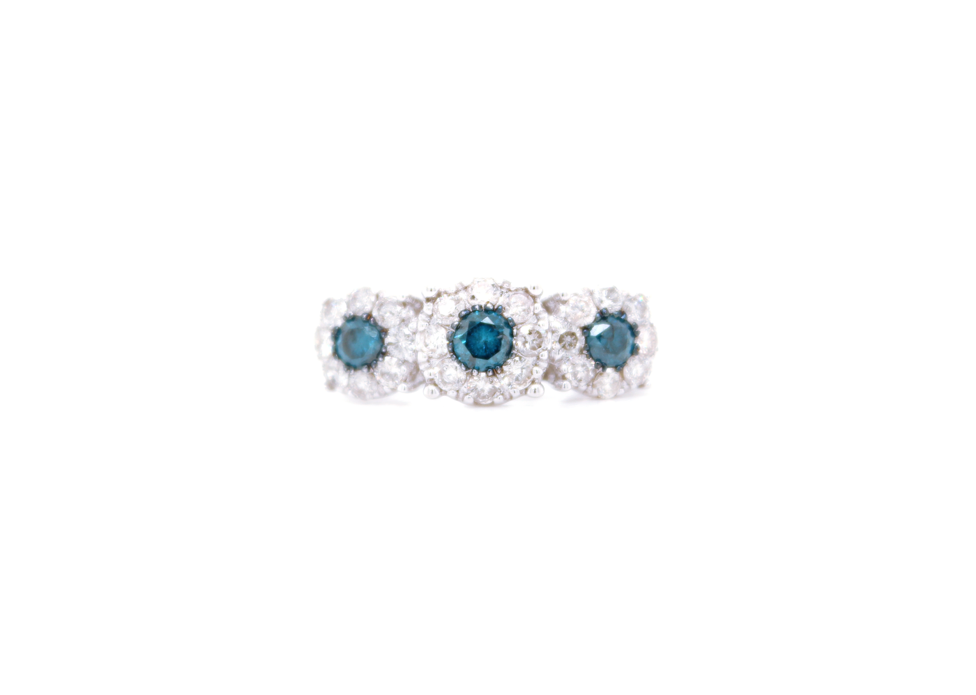 3 Stone Natural Blue Diamond Halo Ring