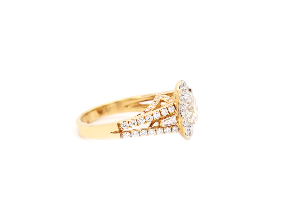 3 Stone Round Diamond Halo Split Shank Engagement Ring