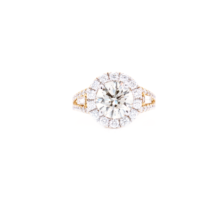 3 Stone Round Diamond Halo Split Shank Engagement Ring