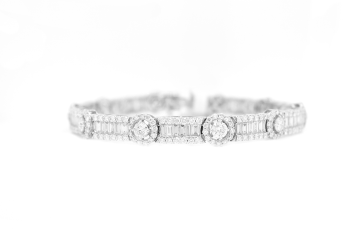12ct Round Halo Diamond Station and Baguette Link Bracelet
