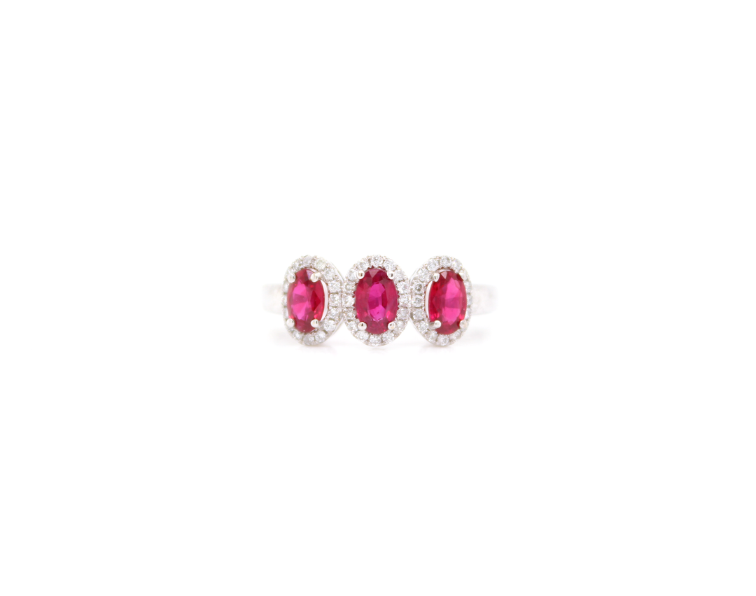 1.40ct 3-Stone Ruby and Diamond Halo Ring