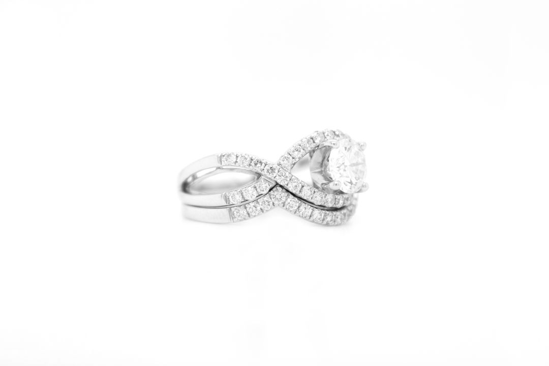 Round Diamond Cross Split Shank Engagement Ring Bridal Set