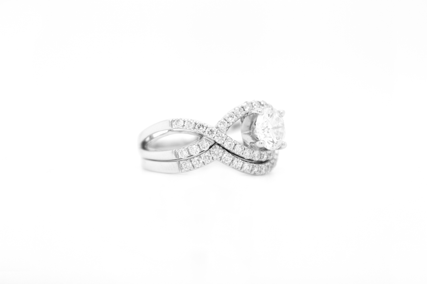 Round Diamond Cross Split Shank Engagement Ring Bridal Set