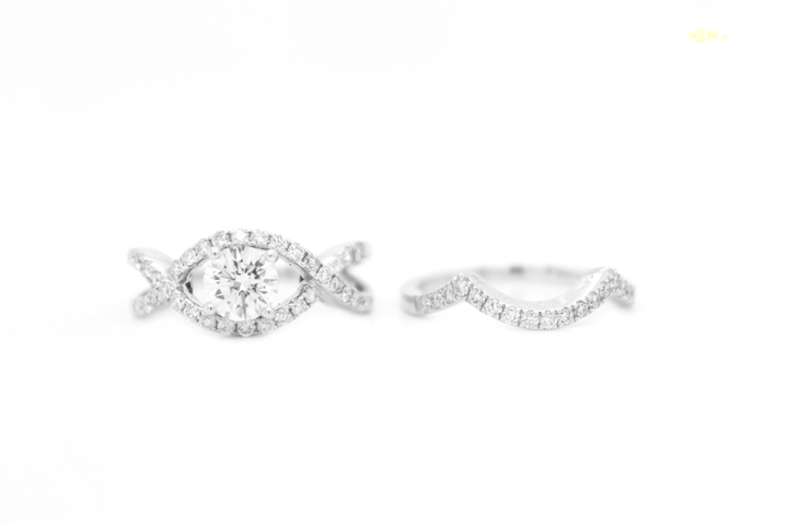 Round Diamond Cross Split Shank Engagement Ring Bridal Set