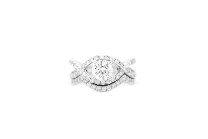 Round Diamond Cross Split Shank Engagement Ring Bridal Set