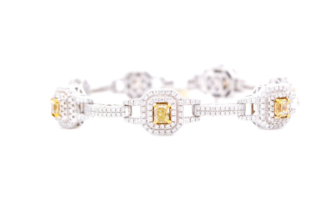 6.50ct Radiant Cut Fancy Yellow Diamond Double Halo Link Bracelet