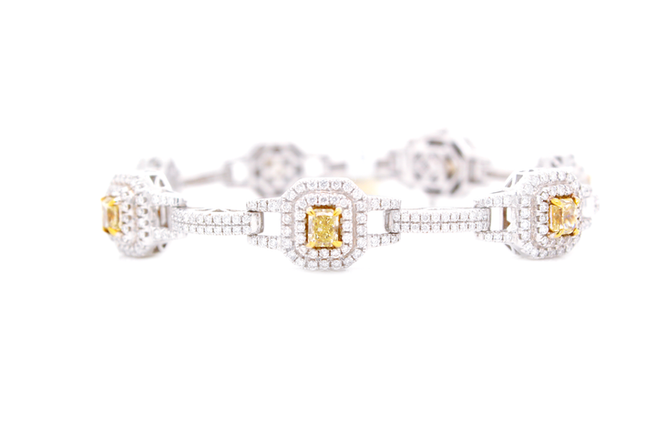 6.50ct Radiant Cut Fancy Yellow Diamond Double Halo Link Bracelet