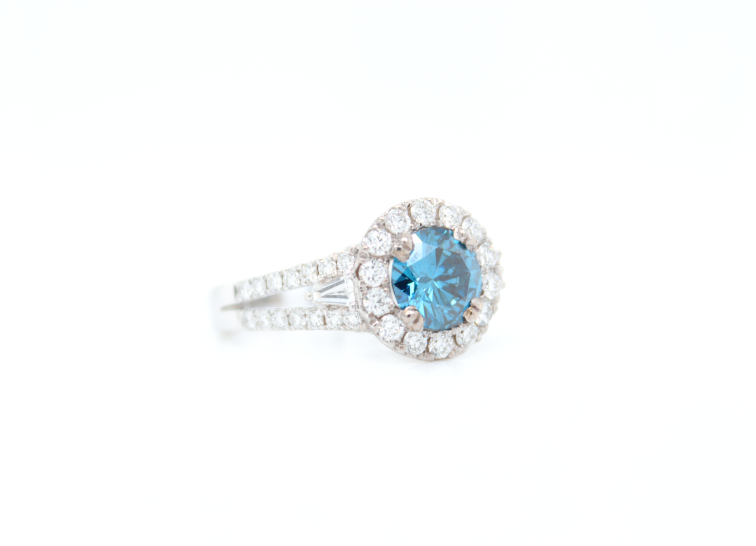 3 Stone Blue Round Diamond Halo Split Shank Engagement Ring