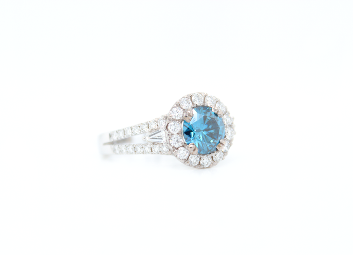 3 Stone Blue Round Diamond Halo Split Shank Engagement Ring