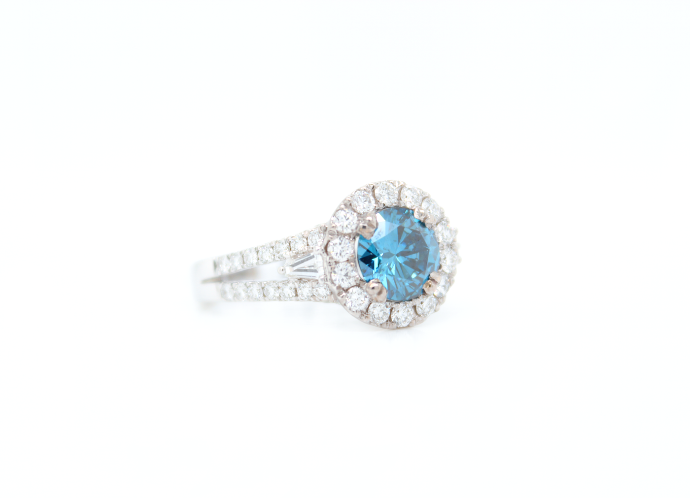 3 Stone Natural Blue Round Diamond Halo Split Shank Engagement Ring