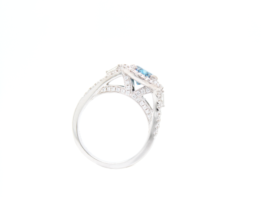 3 Stone Blue Round Diamond Halo Split Shank Engagement Ring