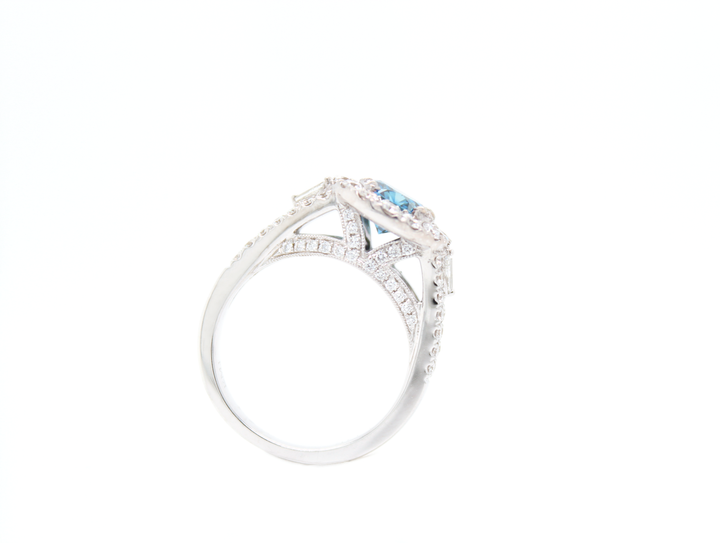 3 Stone Blue Round Diamond Halo Split Shank Engagement Ring