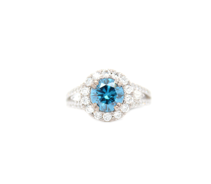 3 Stone Blue Round Diamond Halo Split Shank Engagement Ring
