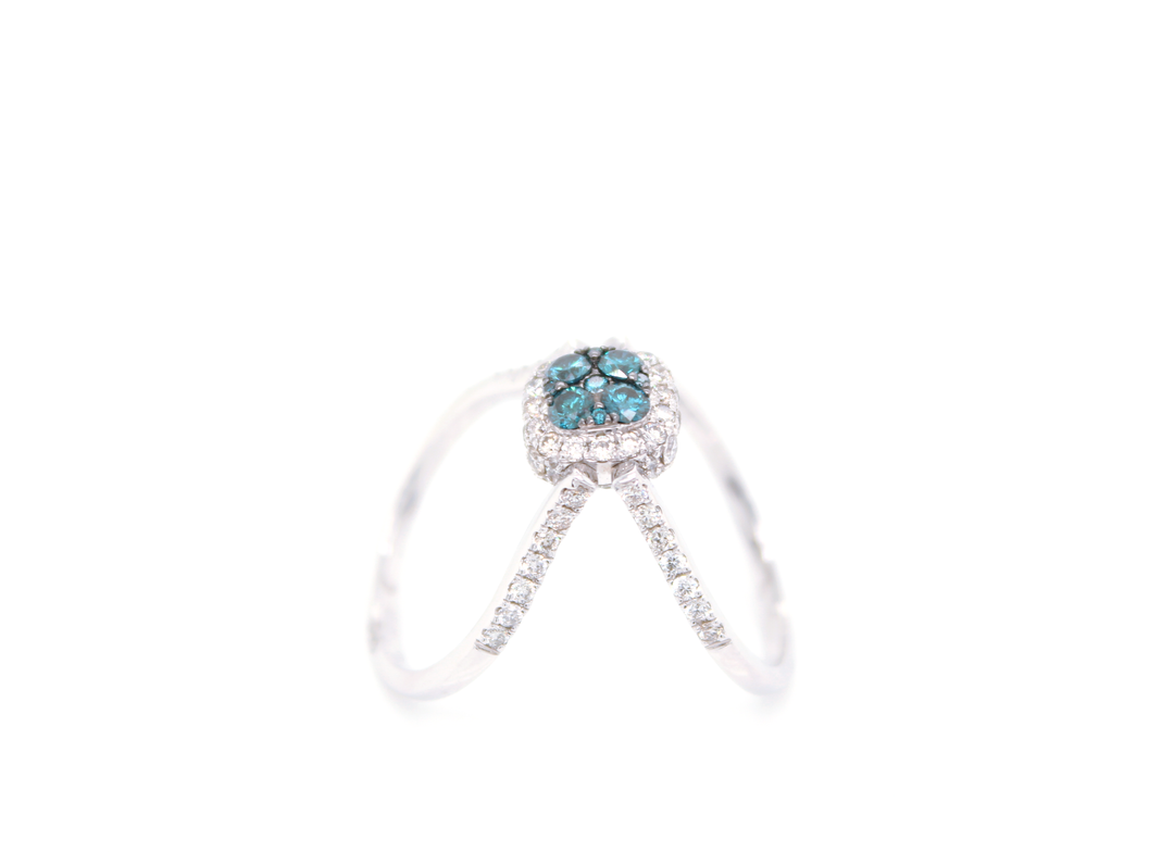 Blue and White Diamond Cushion Cut Illusion Halo Flip Ring