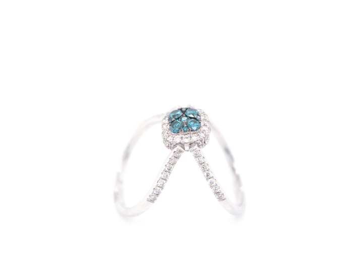 Blue and White Diamond Cushion Cut Illusion Halo Flip Ring