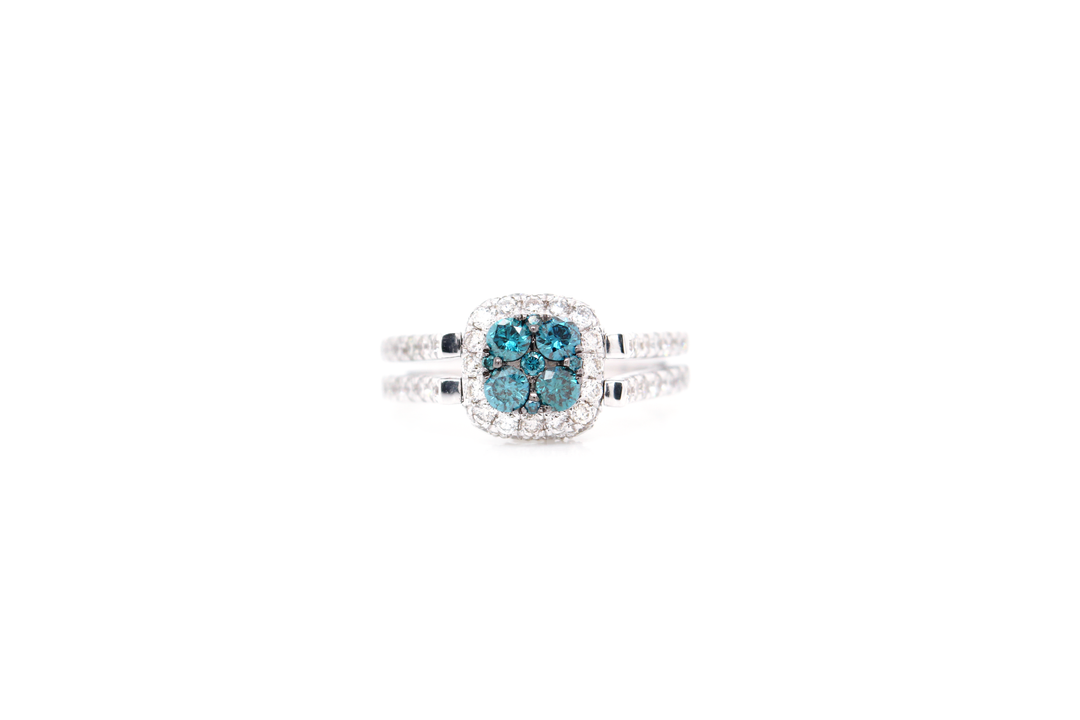 Blue and White Diamond Cushion Cut Illusion Halo Flip Ring